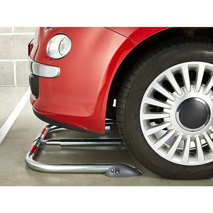 Mottez Parkbügel Standard - L x B x H: 81 x 38 x 42 cm, Stahl - Rote Auto mit Radkralle. Das MOTTEZ Radkralle verhindert, dass das Auto wegfährt, besonders nützlich für Parkplätze und Garagen.
