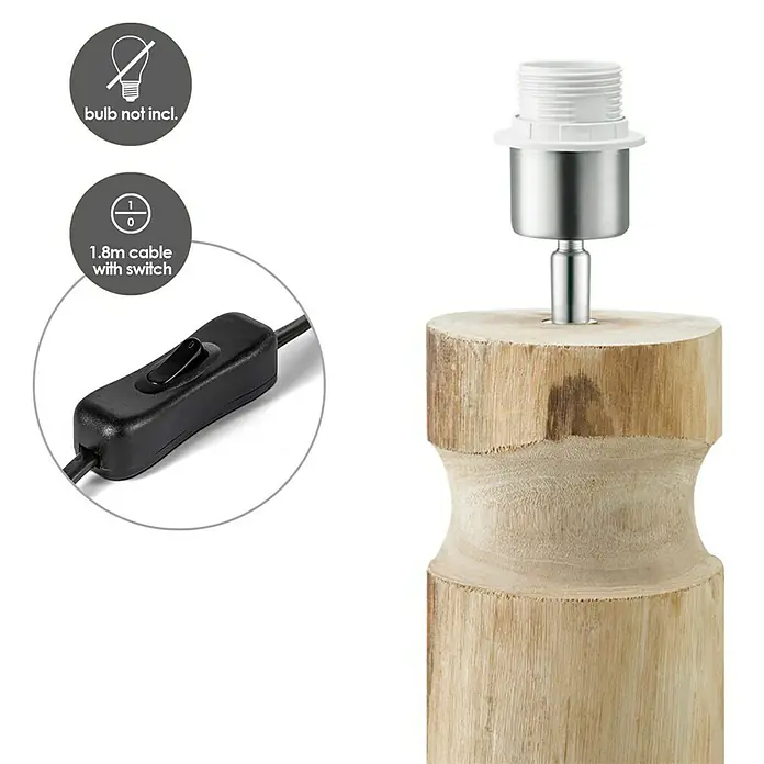 Home Sweet Home Lampenfuß Bodo - 40 W, Farbe: Braun, Höhe: 30 cm - Nahaufnahme einer Tischlampe mit Holzfuß, Lampenfassung und Schalterkabel. Leuchtmittel ist nicht enthalten.