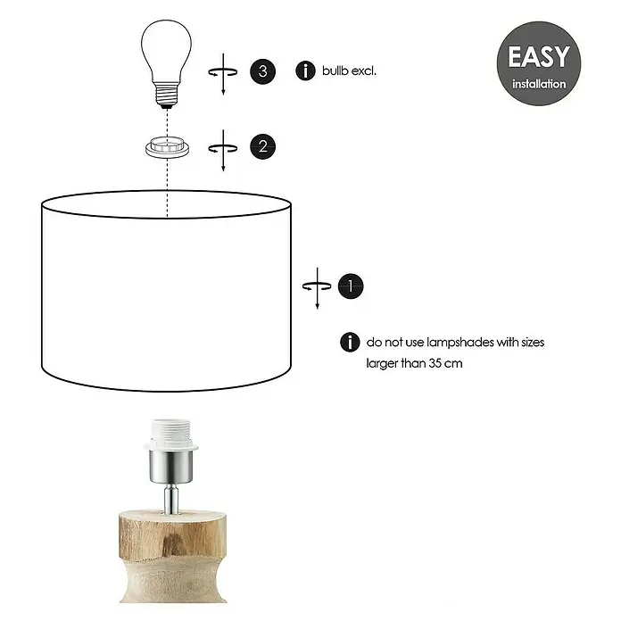 Home Sweet Home Lampenfuß Bodo - 40 W, Farbe: Braun, Höhe: 30 cm - Illustration einer einfachen Lampeninstallation mit Lampenschirm, Fassung und Glühbirne (nicht enthalten) und Montagehinweisen.