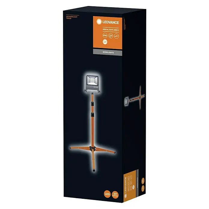 Osram LED-Arbeitsleuchte Tripod L - Lichtfarbe: Neutralweiß, IP65, 50 W - Die Verpackung des LEDVANCE LED-Arbeitsstrahlers mit Stativ, ideal für Baustellen und Werkstätten, mit hoher Leuchtkraft und langer Lebensdauer.