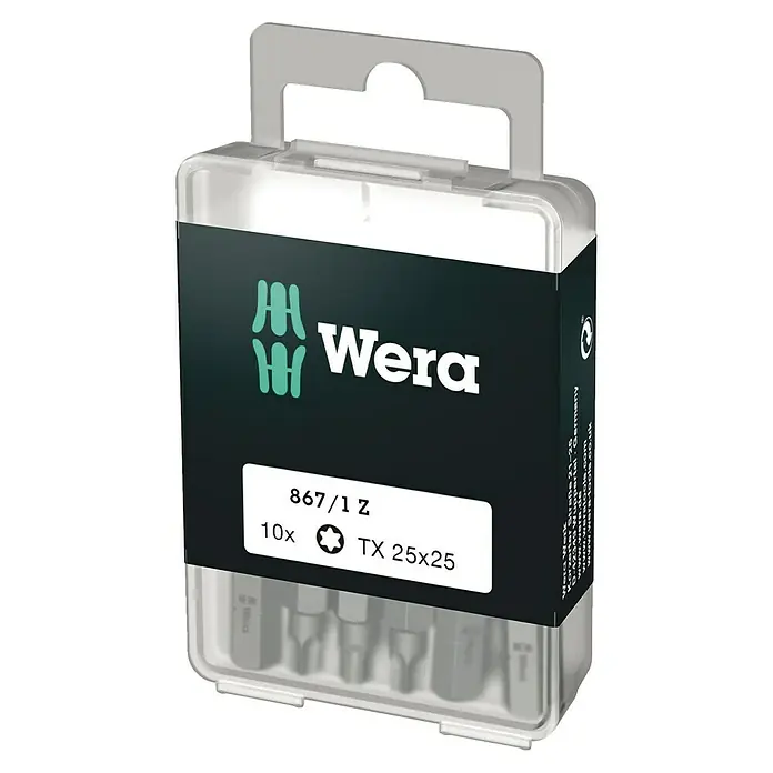 Wera Bit-Box 867/1 Z - TX 25, 10 -tlg. - Das Wera 867/1 Z Bit-Set mit 10 TX 25x25 Bits in einer transparenten Kunststoffverpackung mit Tragegriff.