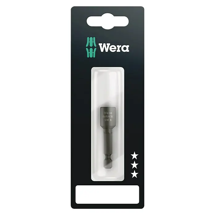 Wera Steckschlüsseleinsatz 869/4 M SB - Schlüsselweite: 8 mm, ¼″ Sechskant - Produktbild eines Wera 869/4 M SW 8 Steckschlüsseleinsatzes in einer transparenten Verpackung, ideal für Schraubarbeiten.