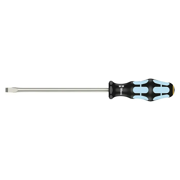 Wera Kraftform Plus Schraubendreher 3334 - Klingenlänge: 175 mm - Abgebildeter Wera Schlitzschraubendreher mit ergonomischem Griff, ideal für präzise Schraubarbeiten und hohe Drehmomentübertragung.