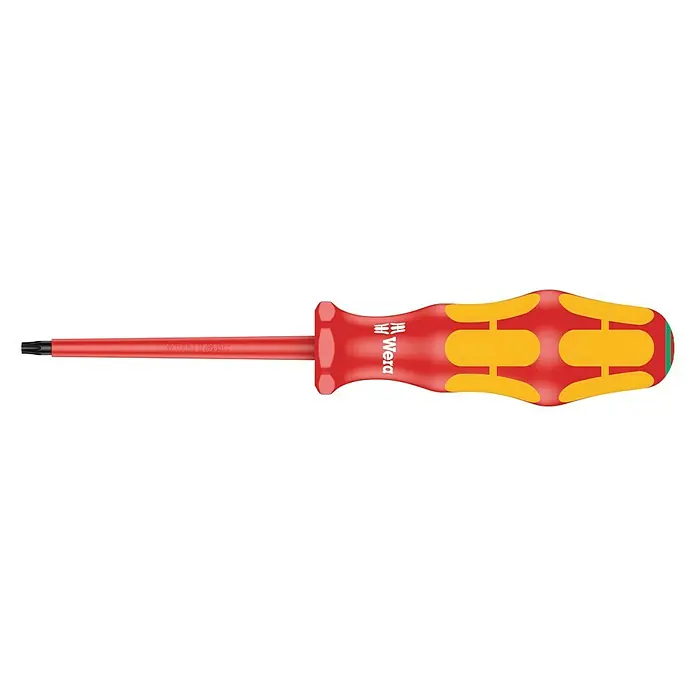 Wera Kraftform Plus VDE Schraubendreher 167 I - TX 15, Klingenlänge: 80 mm - Wera 367 TORX® Schraubendreher mit rotem Griff und gelben Markierungen für präzise Schraubarbeiten.