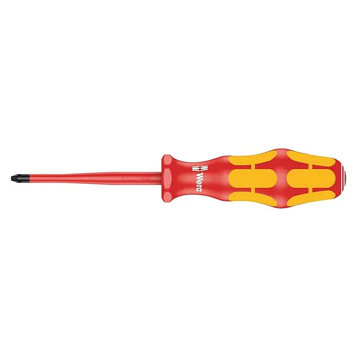 Wera Kraftform Plus Schraubendreher 162 IS - PH 1, Klingenlänge: 80 mm - Wera Schraubendreher mit rotem Griff und gelben Akzenten, ideal für präzise Arbeiten im Elektrobereich.