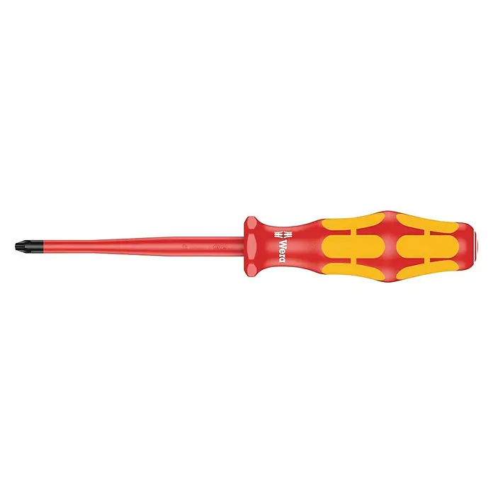 Wera Kraftform Plus Schraubendreher 162 ISS - PH 1, Klingenlänge: 80 mm - Wera Schraubendreher mit rotem Griff und gelben Akzenten, ideal für präzise Schraubarbeiten. Ein robustes Werkzeug für Profis.