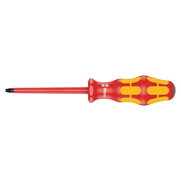 Wera Kraftform Plus VDE Schraubendreher 167 I - TX 27, Klingenlänge: 100 mm - Wera Torx Schraubendreher mit rotem Griff und gelben Elementen für professionelle Anwendungen in Werkstatt und Handwerk.