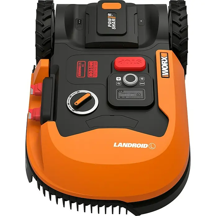 Worx PowerShare 20V Robot cortacésped Landroid L1000 - 1.000 m², Ancho de corte: 20 cm, Navegación por inducción, Cable de antena - La imagen muestra un robot cortacésped Landroid de color naranja de WORX, destacando su motor sin escobillas y las capacidades de Power Share.