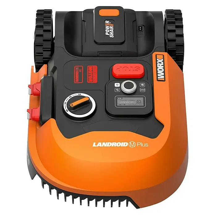 Worx PowerShare 20V Robot cortacésped Landroid M500 Plus - 500 m², Ancho de corte: 18 cm, Navegación por inducción, Cable de antena - Primer plano del robot cortacésped WORX Landroid M Plus que muestra detalles como controles, ruedas y el sistema de batería "Power Share".