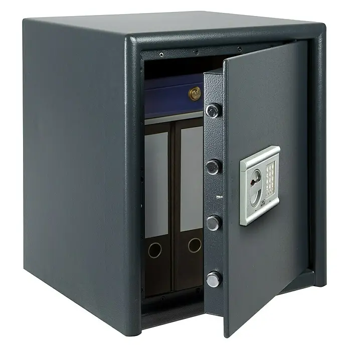 Burg-Wächter Möbeltresor Magno M 540 E - L x B x H: 445 x 495 x 560 mm, Anthrazit, Elektronisches Zahlenschloss - Bild eines geöffneten, grauen Tresors mit Aktenordnern im Inneren, der Sicherheit und Schutz für wichtige Dokumente bietet.