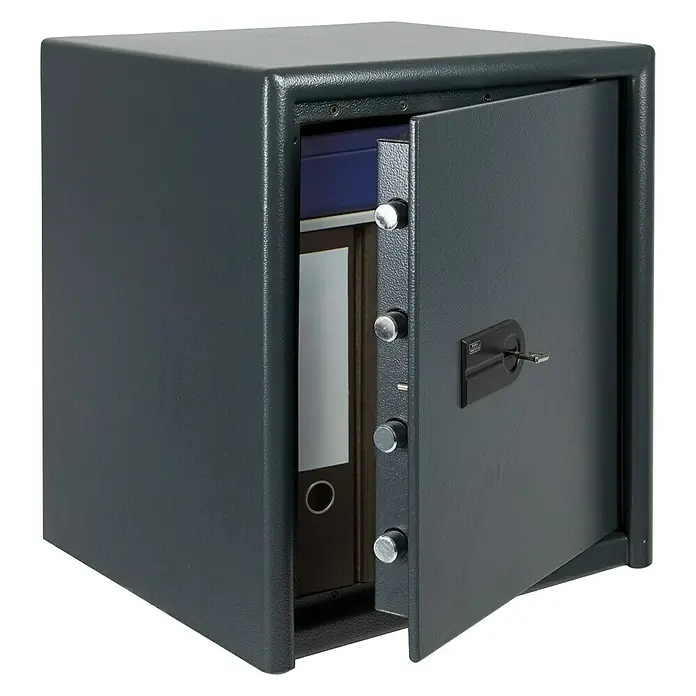Burg-Wächter Möbeltresor Magno M 540 S - L x B x H: 445 x 495 x 560 mm, Anthrazit, Doppelbart-Hochsicherheitsschloss - Ein grauer Tresor mit geöffneter Tür, der Dokumente im Inneren zeigt, ideal für die sichere Aufbewahrung wichtiger Unterlagen.