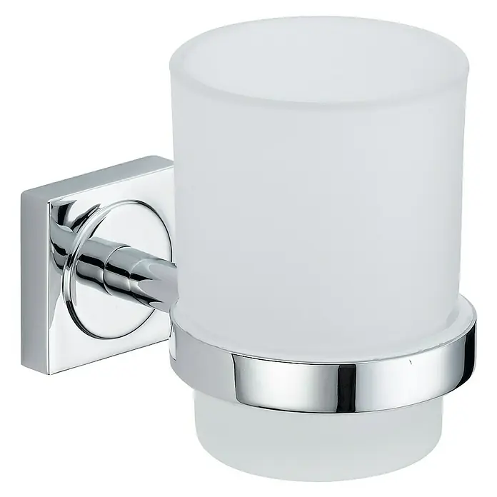 Camargue Cannes Glashalter - Silber, Glänzend - Halter für einen Zahnputzbecher aus Chrom mit mattiertem Glasbecher für das Badezimmer zur Wandmontage.