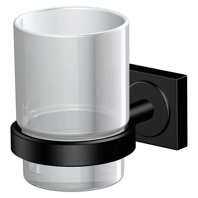 Camargue Cannes Glashalter - Schwarz, Matt - Eleganter, schwarzer Wand-Zahnputzbecherhalter mit transparentem Glasbehälter für stilvolle Badezimmeraufbewahrung.