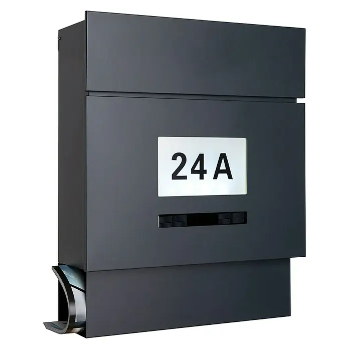 Portaferm Wandbriefkasten Quintus Solar - L x B x H: 14,5 x 39,5 x 48 cm, Anthrazitgrau, Stahl, Zeitungsfach - Moderne Briefkastenanlage mit Hausnummer 24A, ideal für den Eingangsbereich. Die schlichte Gestaltung fügt sich nahtlos in jede Fassade ein.