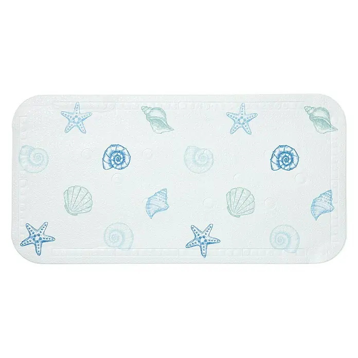 Diaqua Antirutschmatte Smoothie Mare - 35 x 71 cm, PVC, Blau/Weiß - Eine rechteckige Badematte mit einem Muster aus blaugrünen Seesternen und Muscheln, die eine komfortable und stilvolle Ergänzung für jedes Badezimmer darstellt.