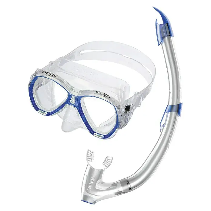Seac Sub Set de buceo Elba - Azul, Válvula de salida de agua - Primer plano de una máscara de buceo SEAC y un tubo de snorkel, ideales para la exploración submarina. El conjunto destaca por su calidad y diseño.