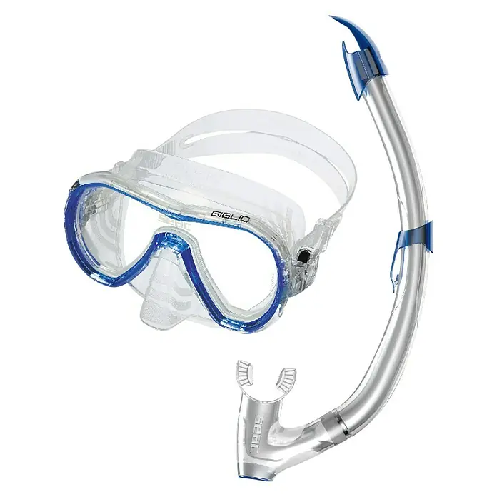 Seac Sub Set de buceo Giglio - Azul, Válvula de salida de agua - Primer plano de una máscara de buceo y un snorkel. Ideal para buceo y esnórquel, proporciona una visión clara y una respiración cómoda bajo el agua.