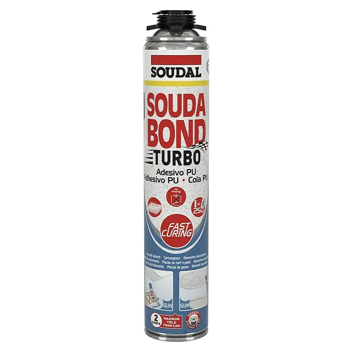 Soudal Espuma para pistola Soudabond Turbo - Volumen neto: 750 ml - Adhesivo PU Soudal Souda Bond Turbo para una unión rápida y sencilla de paneles aislantes, placas de yeso y elementos decorativos.
