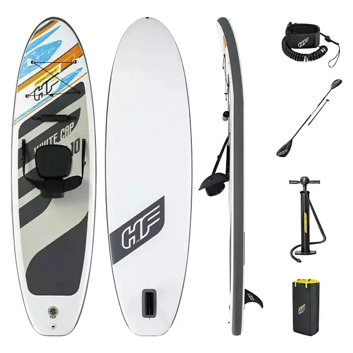 Bestway Hydro Force Paddle surf White Cap - L x An x Al: 305 x 84 x 12 cm, Carga útil: 120 kg, Hinchable, Gris - Imagen de una tabla de SUP Hydro Force White Cap con accesorios. Ideal para aventuras de remo en el agua.