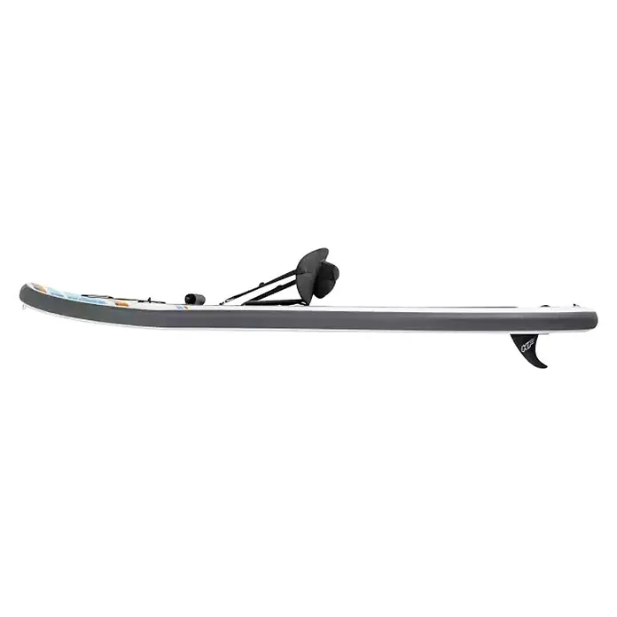 Bestway Hydro Force Paddle surf White Cap - L x An x Al: 305 x 84 x 12 cm, Carga útil: 120 kg, Hinchable, Gris - Una tabla de paddle surf inflable gris con un asiento para remo en el medio y una aleta negra al final.