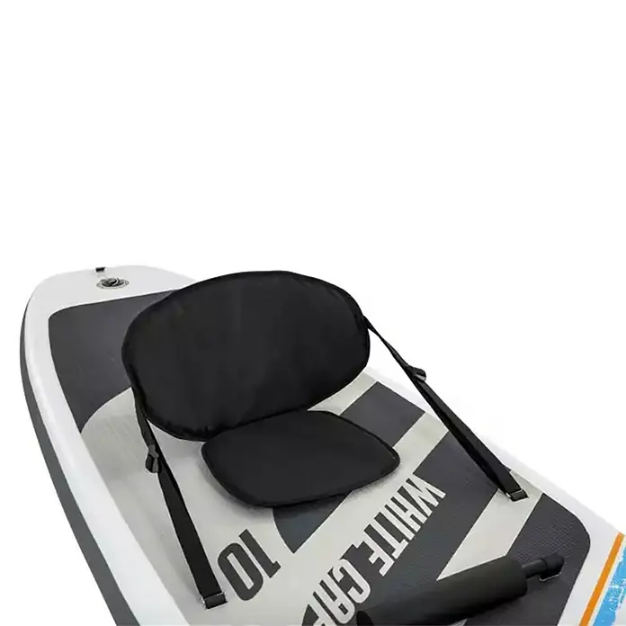 Bestway Hydro Force Paddle surf White Cap - L x An x Al: 305 x 84 x 12 cm, Carga útil: 120 kg, Hinchable, Gris - Paddleboard con un asiento negro adjunto en la parte superior. La tabla tiene un esquema de color blanco y gris y está etiquetada con el texto 'WHITE CRA'.