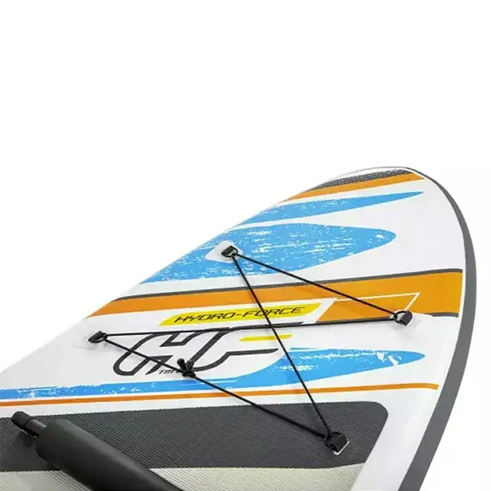 Bestway Hydro Force Paddle surf White Cap - L x An x Al: 305 x 84 x 12 cm, Carga útil: 120 kg, Hinchable, Gris - Vista detallada de una tabla de paddle surf Hydro-Force, mostrando sus rayas de colores y cuerdas elásticas para asegurar el equipo.