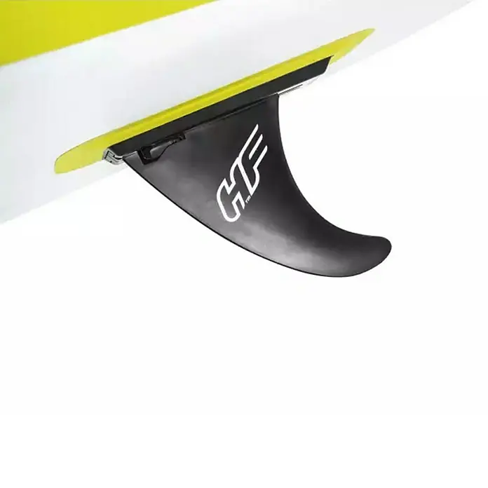 Bestway Hydro Force Paddle surf Sea Breeze - L x An x Al: 3,05 m x 84 cm x 12 cm, Carga útil: 120 kg, Hinchable - Primer plano de una aleta de tabla de surf HF negra con un logotipo blanco, montada en una tabla de surf con detalles amarillos.