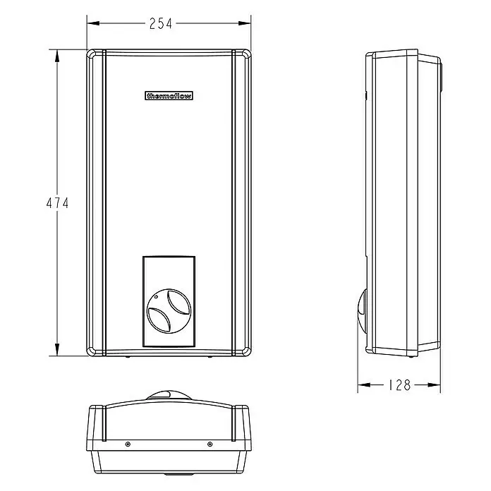 Thermoflow Calentador Hydrex - 24 kW, Hidráulica, Se puede cerrar - Dibujo técnico de aparato rectangular Thermoflow con vistas frontal, lateral y superior; dimensiones: altura 474, anchura 254, profundidad 128.