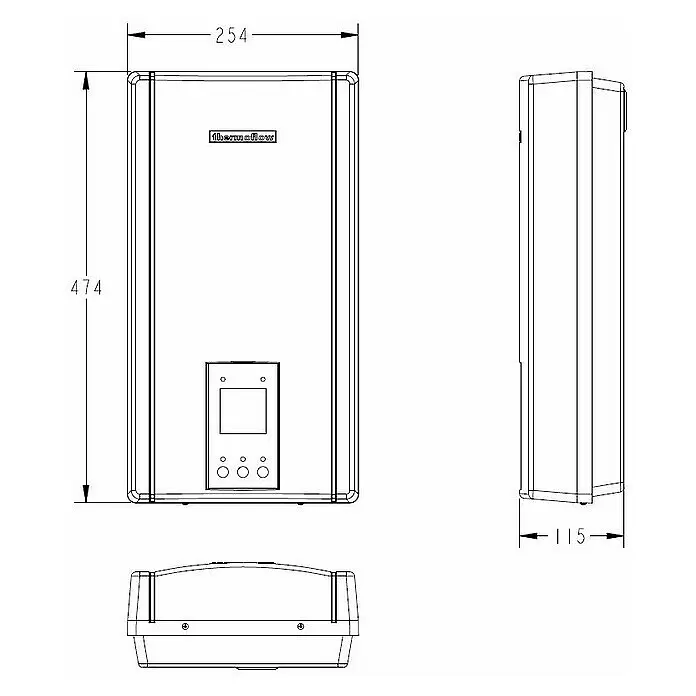 Thermoflow Calentador Elex 3-in-1 - 24 kW, Electrónico, Se puede cerrar - Dibujo técnico de un aparato rectangular de pared con panel de control. Dimensiones: 474x254x115mm.