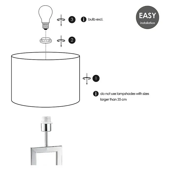 Home Sweet Home Lampenfuß Jong Square - 40 W, Farbe: Chrom, Höhe: 40 cm - Eine schematische Darstellung der Lampenmontage, die die Schritte zum Anbringen des Lampenschirms und der Glühbirne zeigt.