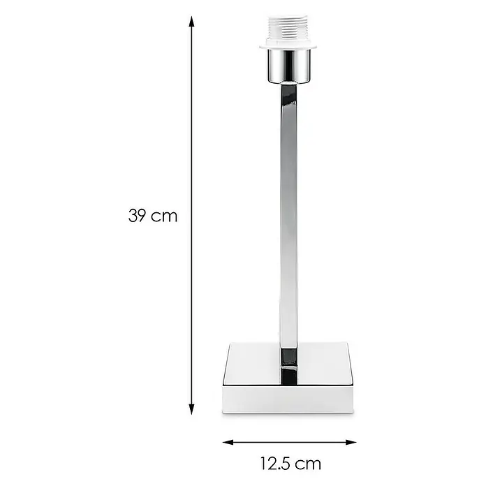 Home Sweet Home Lampenfuß Gomez - 40 W, Farbe: Chrom, Höhe: 40 cm - Produktbild einer schlanken, verchromten Tischleuchte mit einem quadratischen Sockel und den Maßangaben 39 cm Höhe und 12,5 cm Breite.