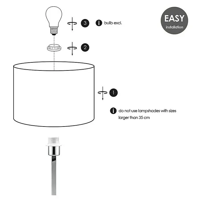 Home Sweet Home Lampenfuß Gomez - 40 W, Farbe: Chrom, Höhe: 40 cm - Eine schematische Darstellung der Montage einer Lampe mit Schirm, Fassung und Leuchtmittel (nicht enthalten) für eine einfache Installation.