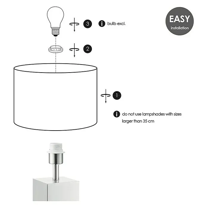 Home Sweet Home Lampenfuß Cilly - 40 W, Farbe: Stahl matt, Höhe: 27 cm - Aufbauanleitung für eine Lampe mit Lampenschirm, Fassung, Glühbirne (nicht enthalten) und Fuß. Einfache Installation wird hervorgehoben.