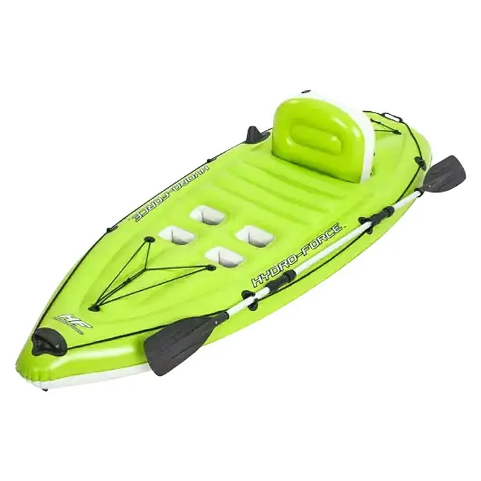 Bestway Hydro Force Kayak Koracle - L x An x Al: 2,7 m x 100 cm x 57 cm, Carga útil: 150 kg, Apto para: 1 persona - La imagen muestra un kayak Hydro-Force verde con remos. Es inflable y tiene un asiento con respaldo, ideal para actividades acuáticas.