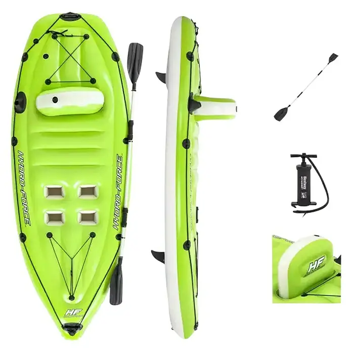 Bestway Hydro Force Kayak Koracle - L x An x Al: 2,7 m x 100 cm x 57 cm, Carga útil: 150 kg, Apto para: 1 persona - Imagen de un kayak verde Hydro-Force con remo, bomba y accesorios, perfecto para deportes acuáticos y recreación.