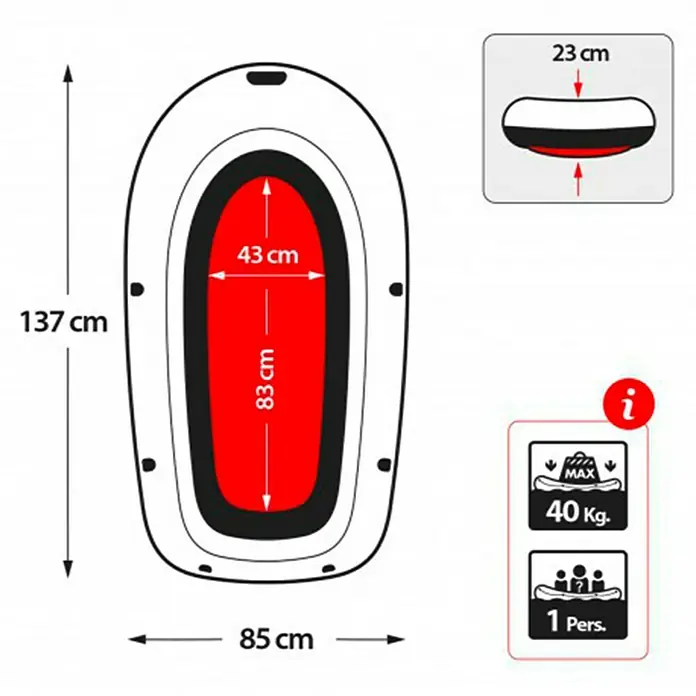 Intex Bote hinchable Explorer Pro 50 - L x An x Al: 137 x 85 x 23 cm, Apto para: 1 persona, Carga útil: 40 kg - Diagrama de un bote inflable para bebés que muestra sus dimensiones e información de capacidad de peso/persona.