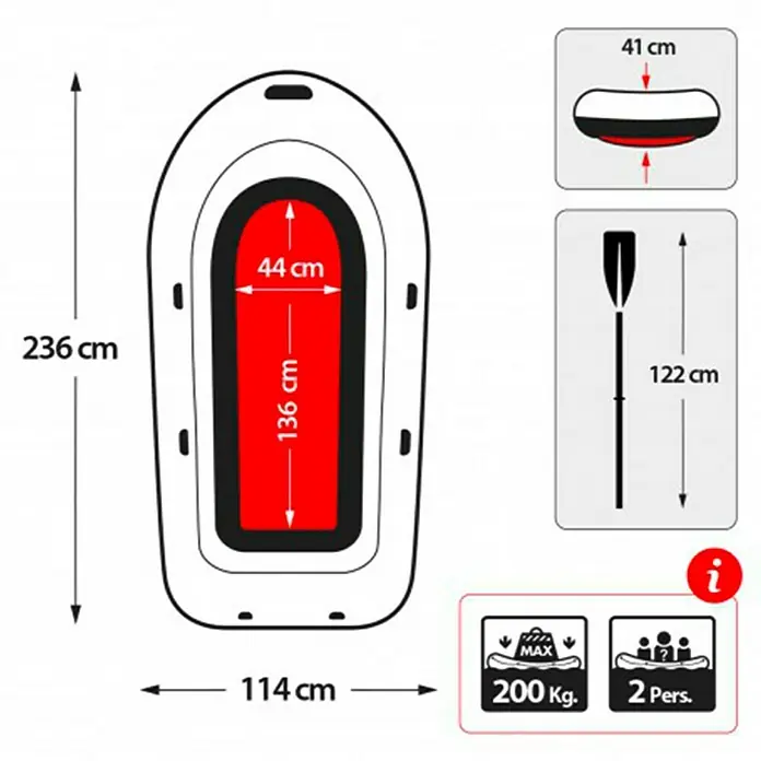 Intex Bote hinchable Challenger 2 - L x An x Al: 2,36 x 1,14 x 0,41 m, Apto para: 2 personas, Carga útil: 200 kg - Imagen de un bote inflable con dimensiones 236 x 114 cm, interior 136 x 44 cm, remo 122 cm, asiento 41 cm, máx. 200 kg, 2 personas.