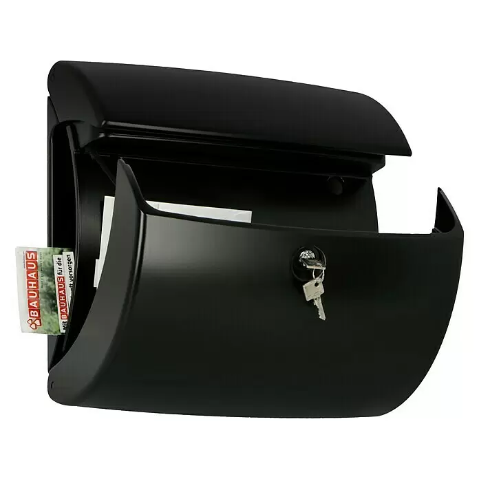Burg-Wächter Wandbriefkasten Kiel - L x B x H: 38 x 17,8 x 40 cm, Schwarz, Kunststoff, Öffnungsstopp - Schwarzer Briefkasten, geöffnet mit Schlüsseln im Schloss und Prospekt.