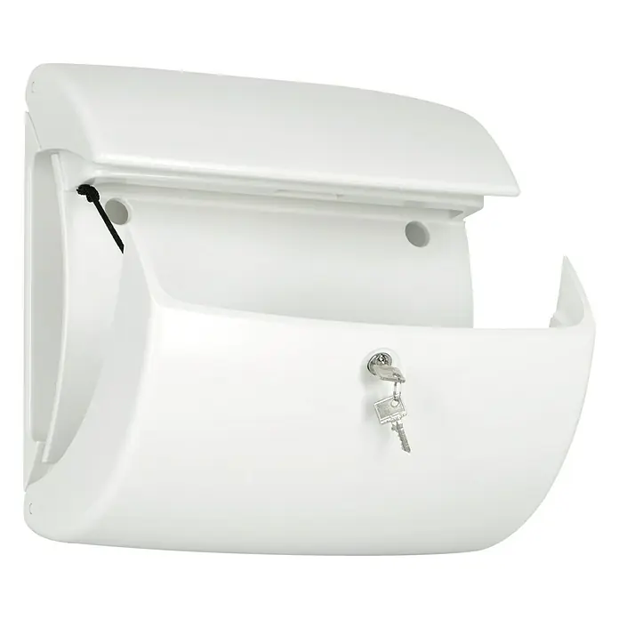 Burg-Wächter Wandbriefkasten Kiel - L x B x H: 38 x 17,8 x 40 cm, Weiß, Kunststoff, Öffnungsstopp - Ein weißer, abschließbarer Briefkasten mit Schlüssel, ideal für sichere Postzustellung und Schutz vor Witterungseinflüssen.