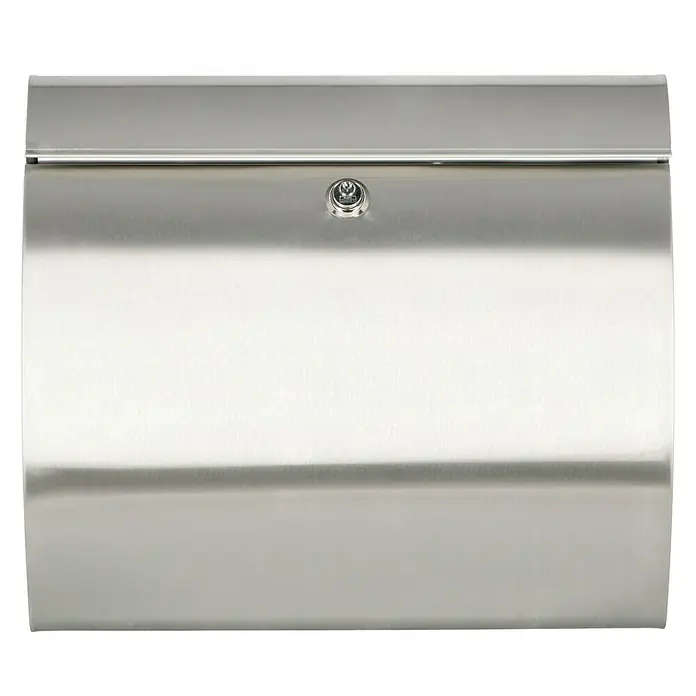 Burg-Wächter Wandbriefkasten Verona - L x B x H: 40,4 x 15 x 35,4 cm, Edelstahl, Edelstahl, Öffnungsstopp - Nahaufnahme eines modernen, abschließbaren Briefkastens aus Edelstahl mit glatter Oberfläche und elegantem Design.