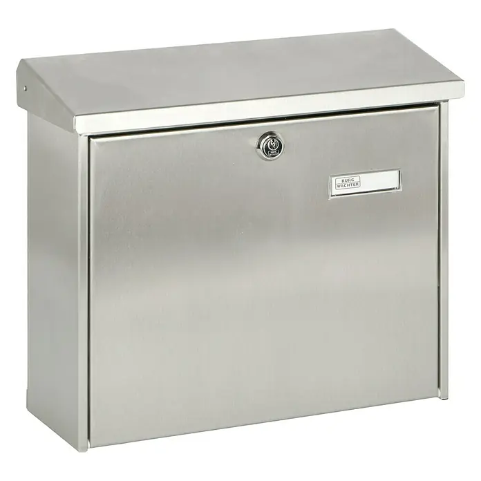 Burg-Wächter Wandbriefkasten Comfort 3913 - L x B x H: 38 x 14,8 x 34 cm, Edelstahl, Edelstahl, Öffnungsstopp - Das Bild zeigt einen Burg Wächter Briefkasten aus Edelstahl. Er ist rechteckig mit einem Schloss und einem Namensschild.