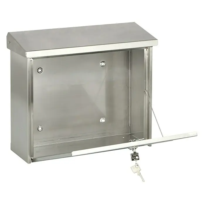 Burg-Wächter Wandbriefkasten Comfort 3913 - L x B x H: 38 x 14,8 x 34 cm, Edelstahl, Edelstahl, Öffnungsstopp - Ein silberner abschließbarer Briefkasten aus Edelstahl mit geöffneter Klappe und Schlüssel, ideal für den Außenbereich zur sicheren Postaufbewahrung.