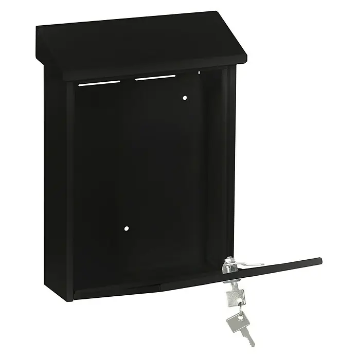 Portaferm Wandbriefkasten PF 22 - L x B x H: 7,5 x 22,5 x 30,5 cm, Schwarz, Stahl - Ein schwarzer abschließbarer Briefkasten mit einem Schlüssel, der am Schloss hängt, und einem geneigten Dach, um das Innere vor Witterungseinflüssen zu schützen.