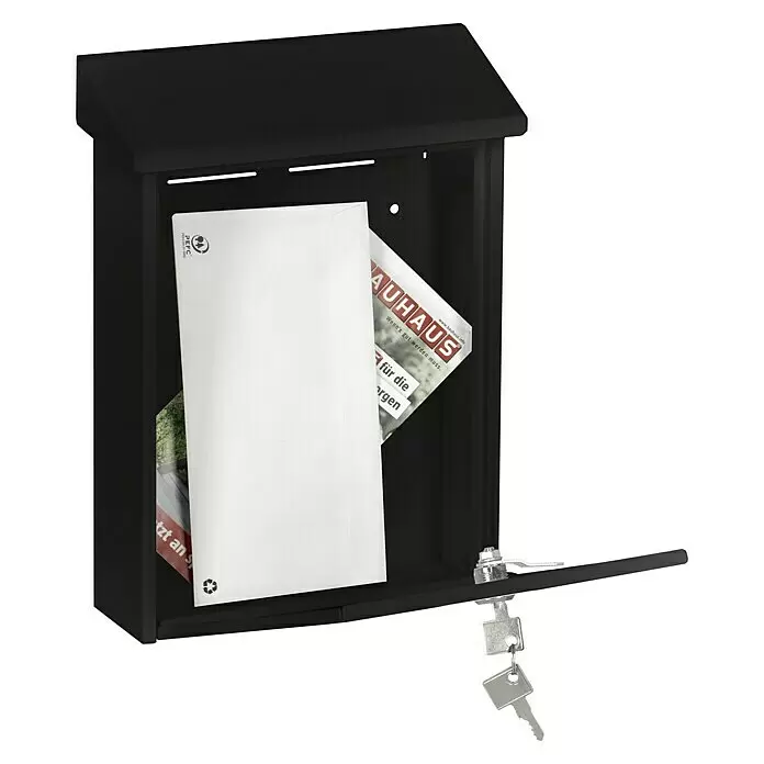 Portaferm Wandbriefkasten PF 22 - L x B x H: 7,5 x 22,5 x 30,5 cm, Schwarz, Stahl - Schwarzer Briefkasten mit geöffneter Tür, Post und Schlüsseln.