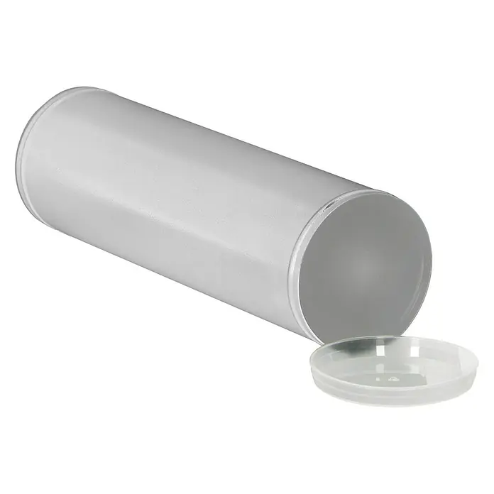Portaferm Zeitungsbox PF 60 - Silber - Leere, weiße Pappröhre mit transparentem Deckel, ideal zur Aufbewahrung von Dokumenten oder Postern. Praktisch und vielseitig einsetzbar.
