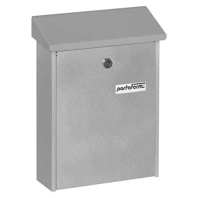 Portaferm Wandbriefkasten PF 22 - L x B x H: 7,5 x 22,5 x 30,5 cm, Silber, Stahl - Ein grauer Briefkasten von Portafarm mit Schloss und Dach ist abgebildet. Der Briefkasten ist schlicht und funktional gestaltet.