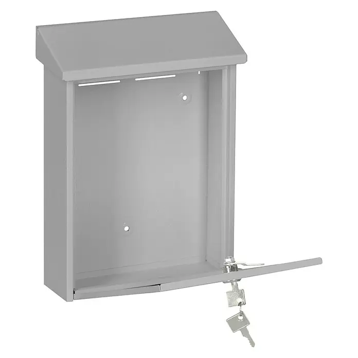 Portaferm Wandbriefkasten PF 22 - L x B x H: 7,5 x 22,5 x 30,5 cm, Silber, Stahl - Ein grauer, offener Briefkasten aus Metall mit einem Schloss und Schlüsseln, die am Schloss hängen.
