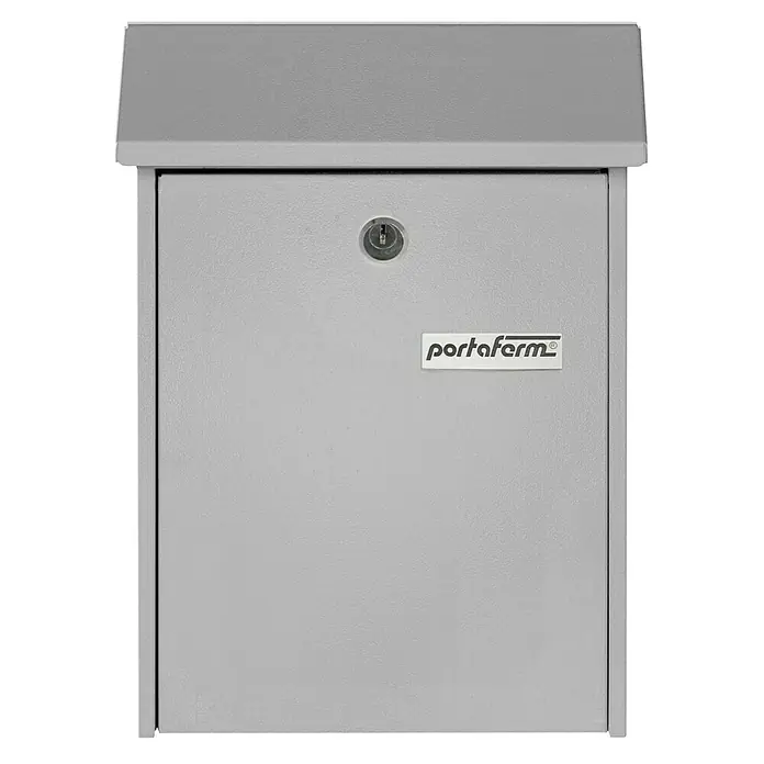 Portaferm Wandbriefkasten PF 22 - L x B x H: 7,5 x 22,5 x 30,5 cm, Silber, Stahl - Ein grauer Briefkasten der Marke Portaferm mit Schloss und rechteckigem Design. Ideal für den Außenbereich, um Post sicher aufzubewahren.