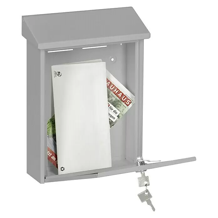 Portaferm Wandbriefkasten PF 22 - L x B x H: 7,5 x 22,5 x 30,5 cm, Silber, Stahl - Grauer Metallbriefkasten mit geöffneter Tür, Post und Schlüssel am Schloss.