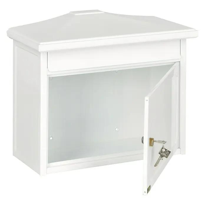Burg-Wächter Wandbriefkasten Kopenhagen 882 - L x B x H: 20,5 x 41 x 34,5 cm, Weiß, Stahl, Öffnungsstopp - Ein weißer, offener Briefkasten mit einem Schlüssel im Schloss, der für sichere Postzustellung sorgt und gut aussieht.
